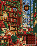 Thumbnail for The Christmas Bookshop Window, 40x50 cm diamond painting – finished design preview with a close-up of square drills