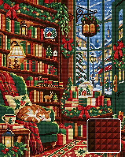 The Christmas Bookshop Window, 40x50 cm diamond painting – finished design preview with a close-up of square drills