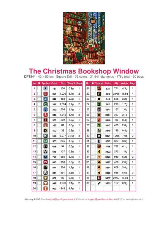 DMC color chart for The Christmas Bookshop Window diamond painting - 39 colors