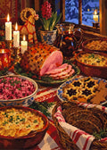 Thumbnail for Finnish Christmas dinner table, ham, casseroles, cookies, candles - paint by numbers.