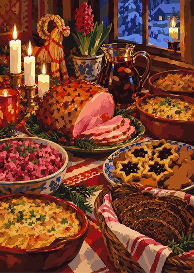 Finnish Christmas dinner table, ham, casseroles, cookies, candles - paint by numbers.