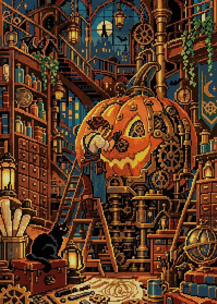 The Clockwork Pumpkin Workshop, 50x70 cm diamond painting – full design preview without the close-up inset