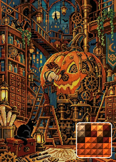 The Clockwork Pumpkin Workshop, 50x70 cm diamond painting – finished design preview with a close-up of square drills
