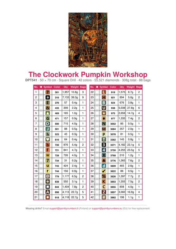 DMC color chart for The Clockwork Pumpkin Workshop diamond painting - 42 colors