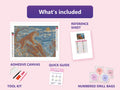Thumbnail for What is included in the The Copper Ridge Tiger diamond painting kit - adhesive canvas, reference sheet, tools and numbered drill bags
