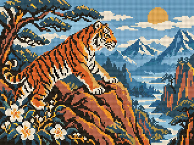 Förhandsbild av diamantmönstret: tiger på en orangebrun klippa med vita blommor, blå berg och soluppgång