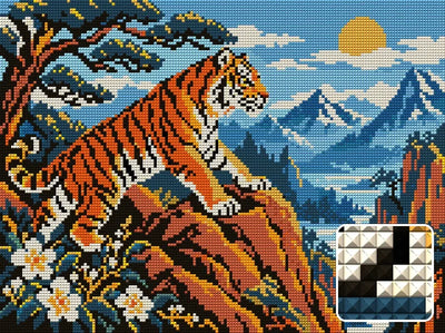 The Copper Ridge Tiger, 40x30 cm diamond painting – finished design preview with a close-up of square drills