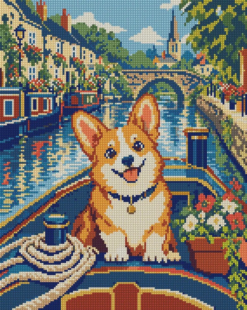 The Corgi Canal Captain, 40x50 cm diamond painting – full design preview without the close-up inset