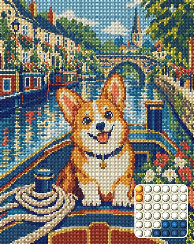 The Corgi Canal Captain, 40x50 cm diamond painting – finished design preview with a close-up of round drills