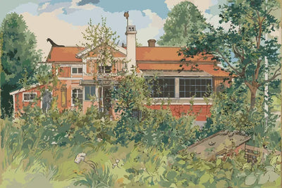 Måla efter nummer-motiv av Carl Larssons Stugan med ett rött hus bakom gröna träd och högt gräs.