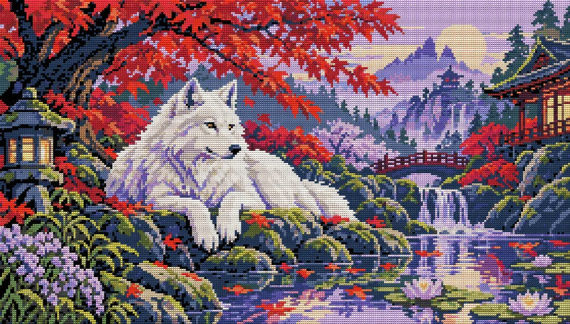 The Crimson Maple Wolf, 70x40 cm diamond painting – full design preview without the close-up inset