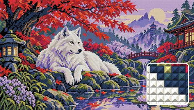 The Crimson Maple Wolf, 70x40 cm diamond painting – finished design preview with a close-up of square drills