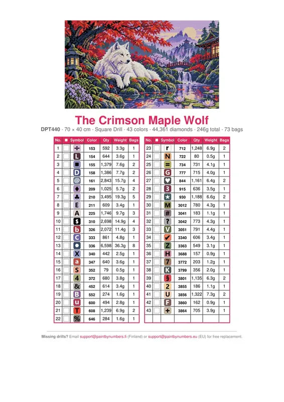 DMC color chart for The Crimson Maple Wolf diamond painting - 43 colors