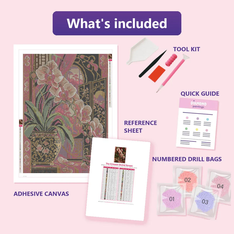 What is included in the The Crimson Orchid Screen diamond painting kit - adhesive canvas, reference sheet, tools and numbered drill bags