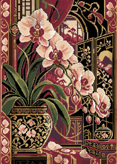 Diamond painting-motiv med en rosa orkidé i dekorerad kruka framför en vikskärm
