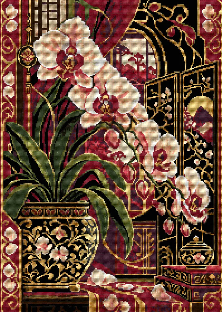 The Crimson Orchid Screen, 50x70 cm diamond painting – full design preview without the close-up inset
