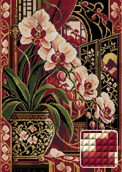 The Crimson Orchid Screen, 50x70 cm diamond painting – finished design preview with a close-up of square drills
