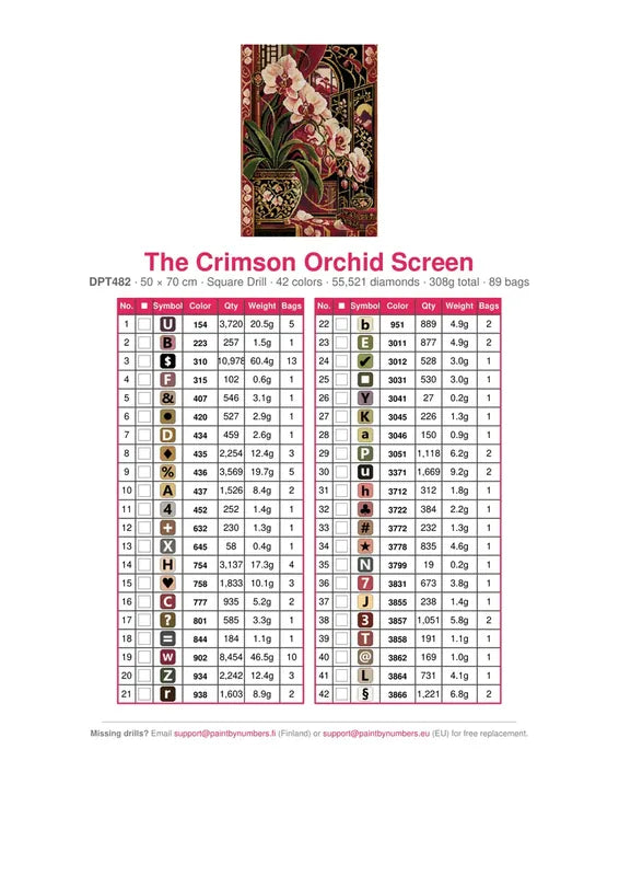DMC color chart for The Crimson Orchid Screen diamond painting - 42 colors