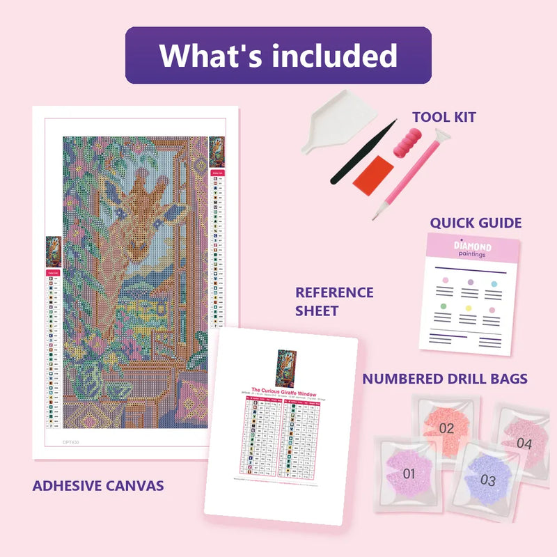What is included in the The Curious Giraffe Window diamond painting kit - adhesive canvas, reference sheet, tools and numbered drill bags