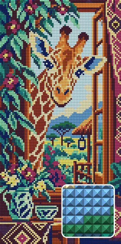 The Curious Giraffe Window, 20x40 cm diamond painting – finished design preview with a close-up of square drills