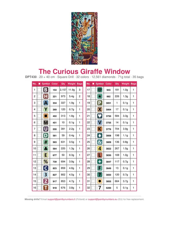 DMC color chart for The Curious Giraffe Window diamond painting - 32 colors
