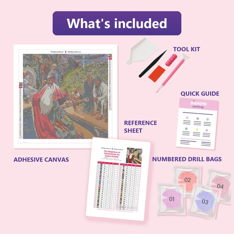 What is included in the The Departure of Väinämöinen by Gallen-Kallela diamond painting kit - adhesive canvas, reference sheet, tools and numbered drill bags
