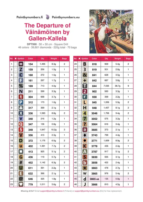 DMC color chart for The Departure of Väinämöinen by Gallen-Kallela diamond painting - 46 colors