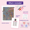 Thumbnail for What is included in the The Elephant Umbrella Shop diamond painting kit - adhesive canvas, reference sheet, tools and numbered drill bags