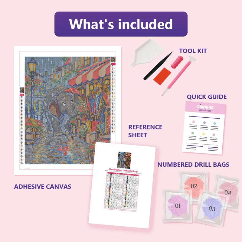 What is included in the The Elephant Umbrella Shop diamond painting kit - adhesive canvas, reference sheet, tools and numbered drill bags