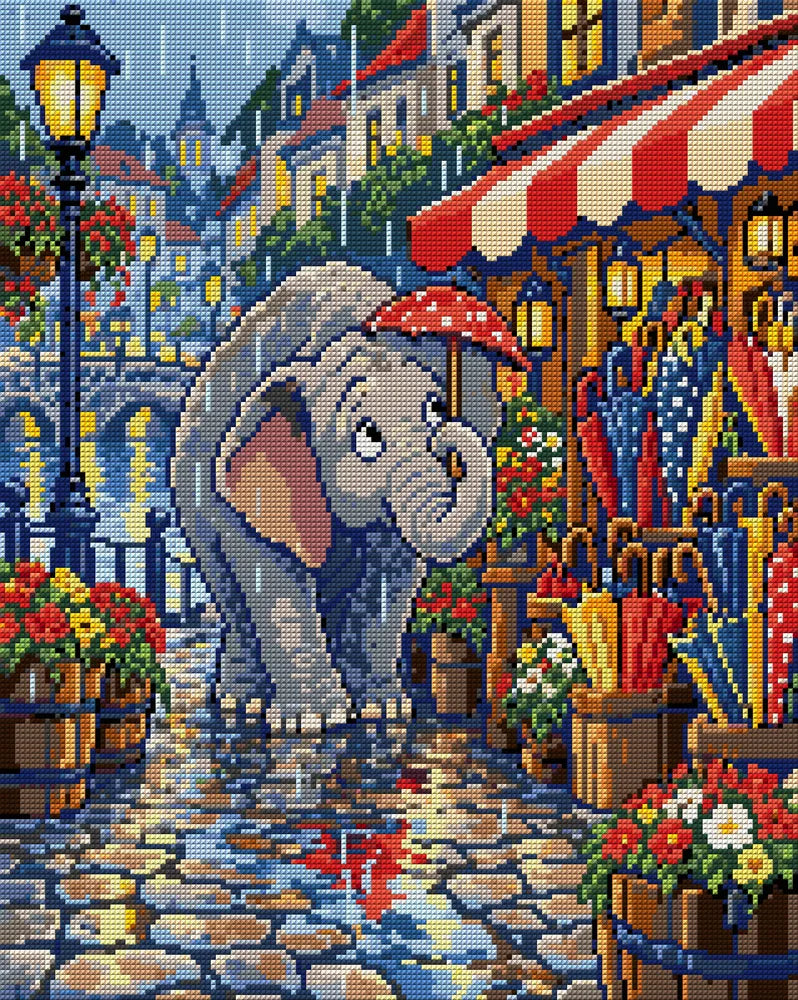 The Elephant Umbrella Shop, 40x50 cm diamond painting – full design preview without the close-up inset