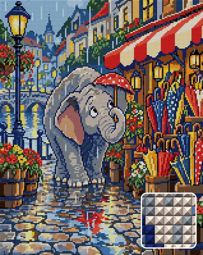 The Elephant Umbrella Shop, 40x50 cm diamond painting – finished design preview with a close-up of square drills
