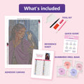 Thumbnail for What is included in the The Falconer at the Frosted Window diamond painting kit - adhesive canvas, reference sheet, tools and numbered drill bags