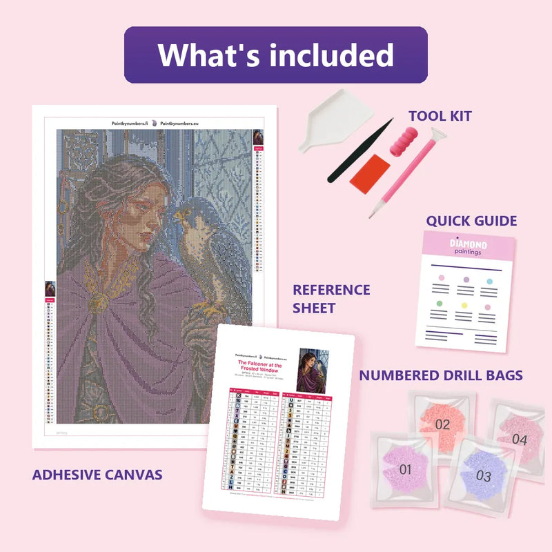 What is included in the The Falconer at the Frosted Window diamond painting kit - adhesive canvas, reference sheet, tools and numbered drill bags