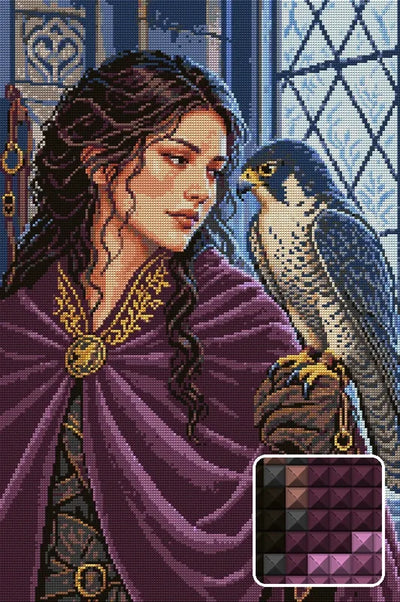 The Falconer at the Frosted Window, 40x60 cm diamond painting – design and close-up of square drills