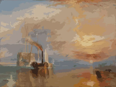 Paint by numbers of Turner's The Fighting Temeraire: a steam tug towing an old warship at sunset.