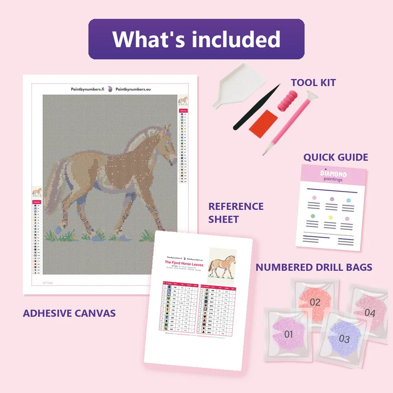 What is included in the The Fjord Horse Leaves diamond painting kit - adhesive canvas, reference sheet, tools and numbered drill bags