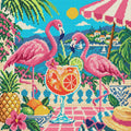 Miniatyrbild: Diamond painting-motiv med rosa flamingor på en terrass med cocktail och frukt vid havet