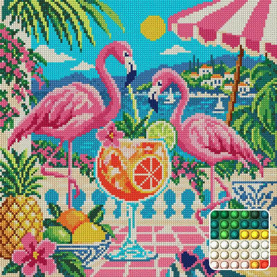 The Flamingo Cocktail Society, 40x40 cm diamond painting – finished design preview with a close-up of round drills