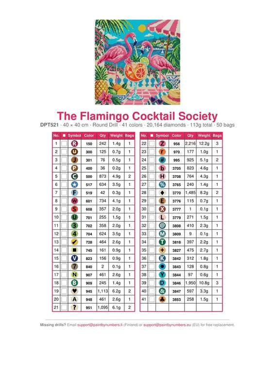 DMC color chart for The Flamingo Cocktail Society diamond painting - 41 colors