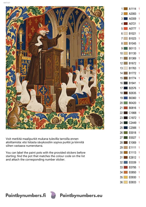 Paint color chart and instructions - The Fox Preaches to the Geese 40x50cm