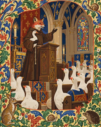 Fox preaching to geese in church paint by numbers