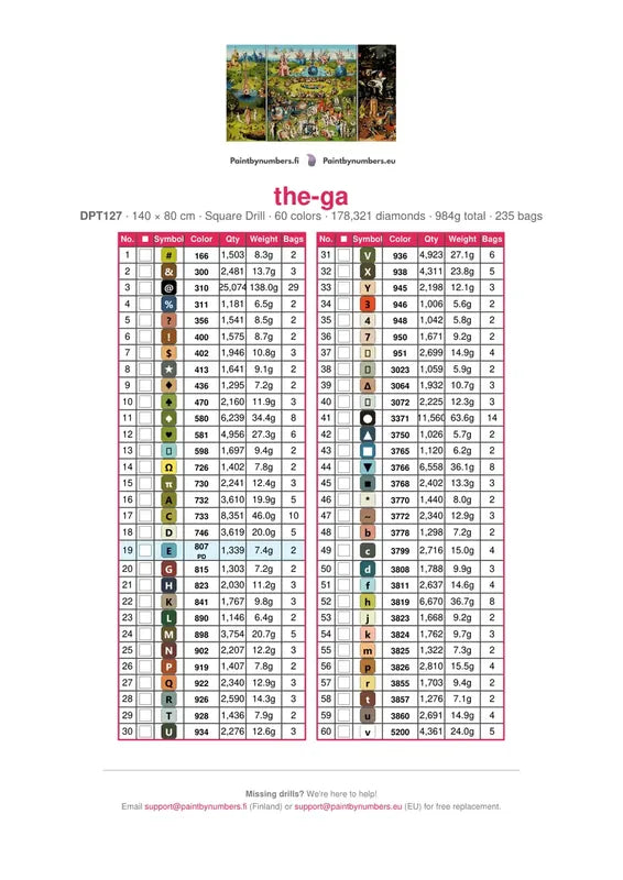 DMC color chart for The Garden Of Earthly Delights diamond painting - 60 colors
