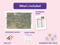 Thumbnail for What is included in the The Gate by Larsson diamond painting kit - adhesive canvas, reference sheet, tools and numbered drill bags