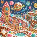Miniatyrbild: Förhandsbild av diamantmönstret: pepparkaksastronauter med pepparkakshus, godisraket och dekorerade planeter