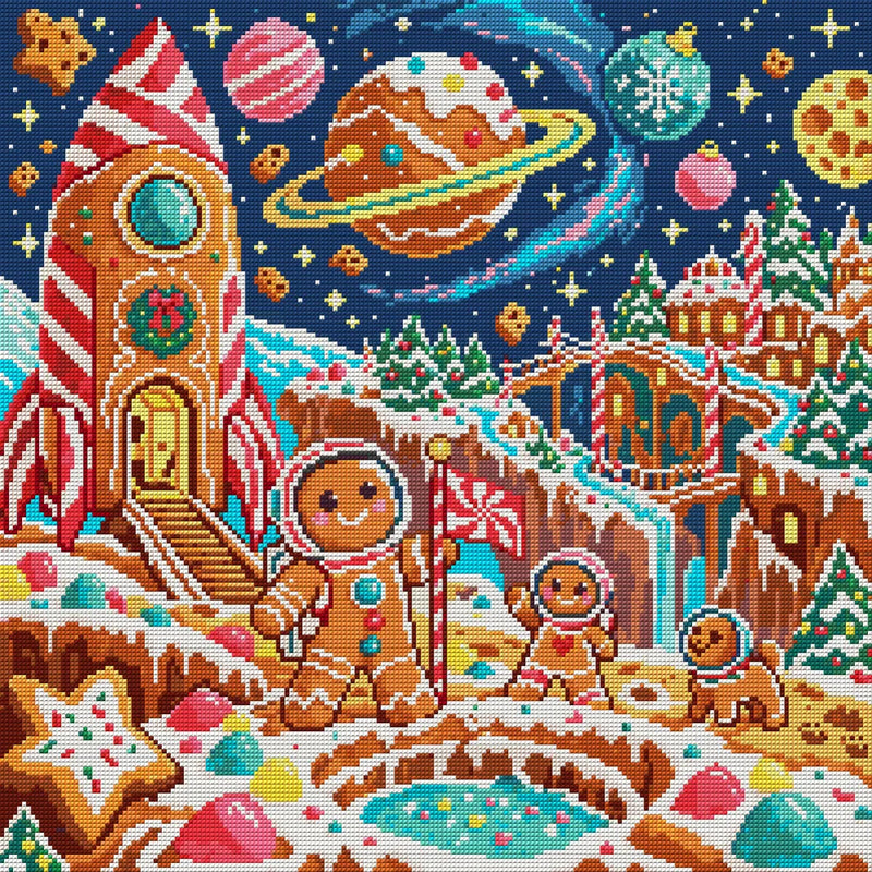 The Gingerbread Astronauts, 50x50 cm diamond painting – full design preview without the close-up inset