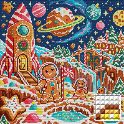 The Gingerbread Astronauts, 50x50 cm diamond painting – finished design preview with a close-up of square drills