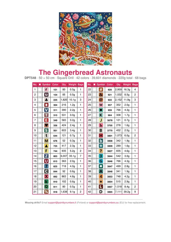 DMC color chart for The Gingerbread Astronauts diamond painting - 42 colors