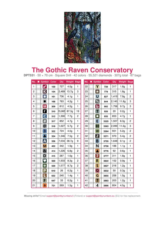 DMC color chart for The Gothic Raven Conservatory diamond painting - 42 colors