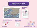 Thumbnail for What is included in the The Great Wave off Kanagawa by Hokusai diamond painting kit - adhesive canvas, reference sheet, tools and numbered drill bags