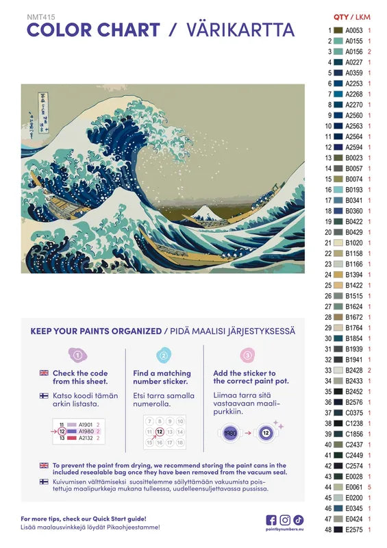 Paint color chart and instructions - The Great Wave off Kanagawa 60x40cm